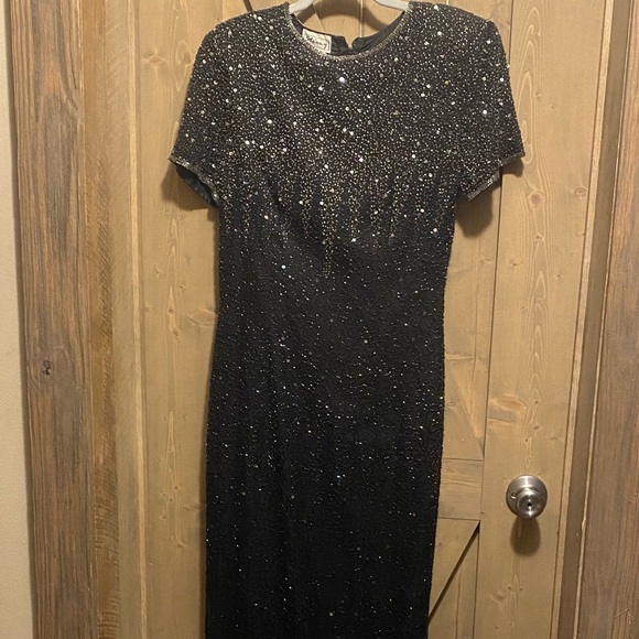 Stenay Formal Maxi Silk Gown Black Sequin Beaded Short Sleeve Sz 10 Vintage 80’s - Picture 2 of 16